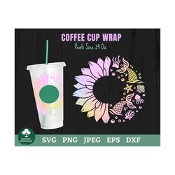 sunflower mermaid tail coffee cup wrap svg, mermaid coffee cup svg, sunflower coffee cup svg, under the sea coffee cup w