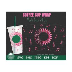 music notes coffee cold cup wrap svg, sunflower music notes cold cup, sunflower cold cup svg, full wrap 24oz cold cup sv