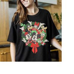 disney mickey and friends group shot christmas wreath gifts shirt, disneyland christmas family matching tee, christmas 2