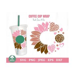 conchas sunflower cafecito y chisme coffee cup wrap svg, conchas sunflower coffee cup svg, pan dulce coffee cup svg, con