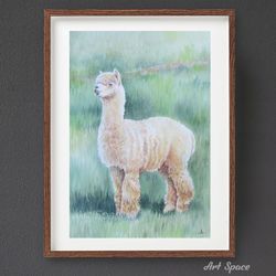 original watercolor painting "llama"  animal pets - watercolor painting - green painting - painting for children