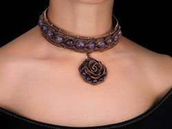 wire wrapped amethyst choker this rose pendant collar gemstone necklace unique flower design wire wrapped copper jewelry