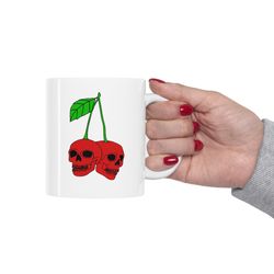 cherry skull mug, funny skull mug, cute skull mug, funny cherry mug, halloween cherry skull mug, cherry lover gift mug,