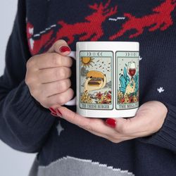 hilarious tarot card food & drink mug, the cheese burger tarit card mug, the mega pint tarit card mug, the pizza tarot m