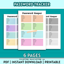 simple password tracker printable – instant download (a4 / half letter / us letter)