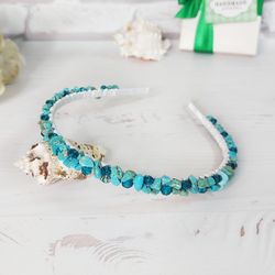 boho turquoise gemstone headband, bridal crystal hair piece, blue bead wedding hairband, birthday gift mom, teal tiara