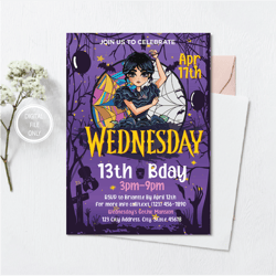 personalized file wednesday birthday invitation party printable addams family cake topper card girl instant download dig