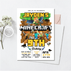 personalized file minecrafter birthday invitations | minecraft invitations | minecraft birthday party | mine invite| pri