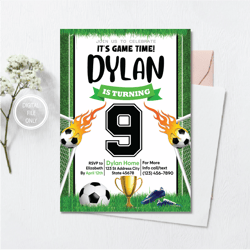 personalized file soccer birthday invitation, soccer party invite, invitation, soccer party theme, football party, sport