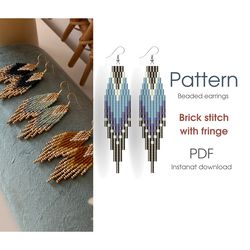 earring pattern for beading - brick stitch pattern for beaded fringe earrings - instant download. bead weaving.