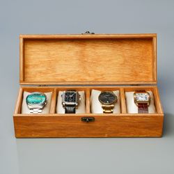 handcrafted watch & jewelry box: engraved display case with cushions - modern gift for father, husband, boyfriend