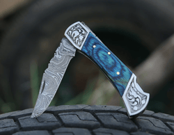 7.0" back lock custom handmade damascus steel pocket knife blue wood handle