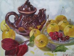 Autumn Apples Still life Painting, Teapot Original Oil Painting,Tea Cup Fine Art