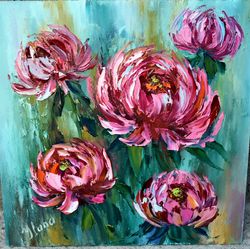 peonies are pink, bright flowers. painting for the interior. painting with brush and palette knife.