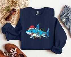 santa shark light christmas shirt, santa hat shark christmas sweatshirt