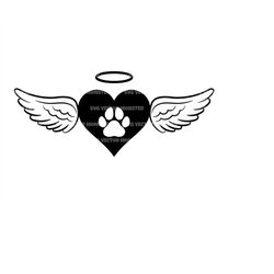 pet memorial svg, pet loss svg, pet funeral svg, paw print in heart with angel wings. vector cut file cricut, silhouette