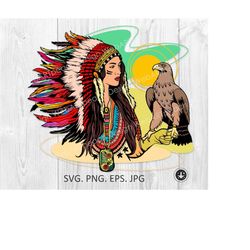 indian headdress svg file, native american indians girls tattoo,clip art,cricut,sublimation png,eps,indian woman eagle h