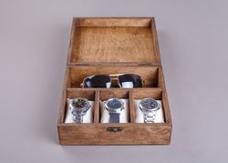 personalized wooden case: watches, glasses & jewelry in one place. engraved, rustic style with cushions included