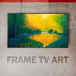 samsung frame tv art digital download, frame tv art sun-drenched forest landscape ,blooming flowers peaceful,pointillism