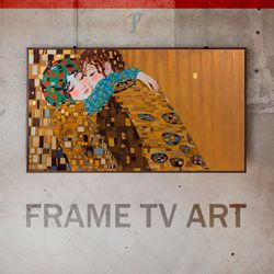 samsung frame tv art digital download, frame tv art embrace young couple, gustav klimt style, ochre hues, painting oil