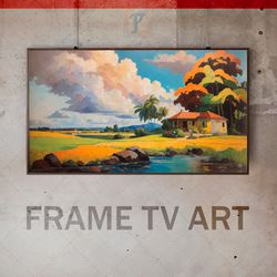 samsung frame tv art digital download, frame tv african setting, frame tv natural paul gauguin style, clear skies, palm