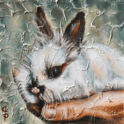 rabbit painting oil original modern small hare fine art animal bunny on hand textured artwork on cardboard