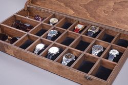 wooden watch display case - 18 watches & 3 sunglasses collection box - engraved watch organizer storage