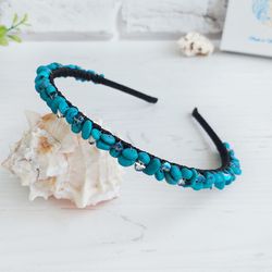 crystals turquoise headband, december birthstone jewelry, gemstone bridal tiara crown, boho wedding teal bead headpiece