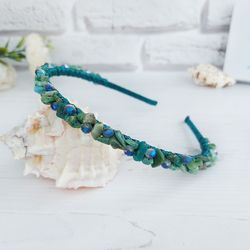 chrysocolla crystals headband, wedding emerald green hair accessories, birthday women tiara crown, gemstone hair piece