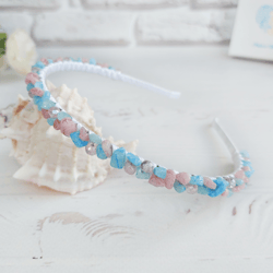 pink blue wedding crystals headband, bridal bead hair piece, quartz aquamarine hair accessories, festival thin crown