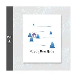 printable happy new year card in watercolor painting style & snowy landscape merry christmas card - instant download