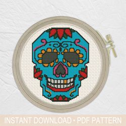 blue sugar skull cross stitch pattern pdf, mexican cross stitch - instant download