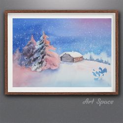 original watercolor painting winter morning, forest snow nature landscape, watercolor painting - winter - river - trees