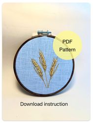 wheat stalks easy pdf pattern for embroidery beginners, embroidery on blue background