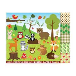 60 woodland clipart, woodland clip art,woodland animals, fox,rabbit,squirrel,acorn,skunk,bear,deer,owl clipart woodland