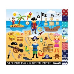 54 pirate clipart  12 digital papers, pirate clip art , pirate ship clipart , treasure nautical anchor flag pirates clip