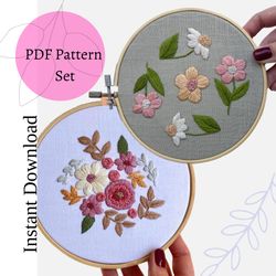 set of 2 embroidery pdf pattern wild daisies pattern , floral bouquet instant download , modern hand embroidery