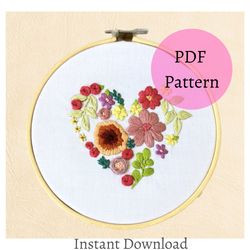 blooming heart embroidery pdf pattern with instructions for beginners, needlepoint floral pattern