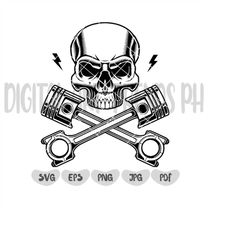 skull with crossed engine piston svg, skull svg, mechanic svg, mechanic, mechanic logo, engine piston svg, piston svg, m