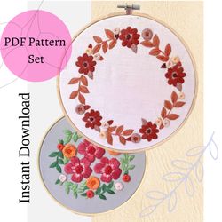 set of 2 embroidery pdf pattern autumn bouquete and , floral bouquet instant download , modern hand embroidery