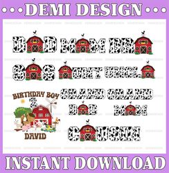 personalized name and age family farm birthday bundle png, embroidered farm party png, animal birthday png ,cow birthday