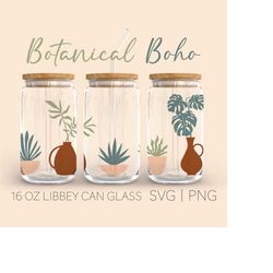 botanical boho minimalist libbey can glass svg, 16 oz libbey can glass, art abstract svg, leaves svg, boho style art, di