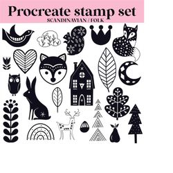 scandinavian folk art procreate stamp /  brush set bundle / 25 designs