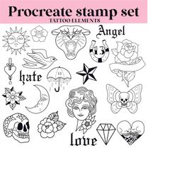 tattoo elements / doodles procreate stamp /  brush set bundle / 20 designs