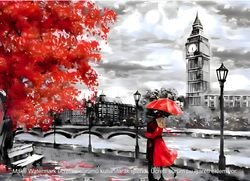 oil painting on canvas - london street with big ben and red umbrella