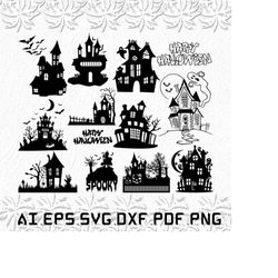 halloween house svg, house svg, tree svg, halloween svg, ai, pdf, eps, svg, dxf, png