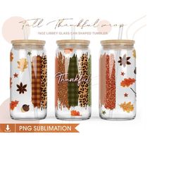 16 oz libbey beer glass can , thankful png , brush strokes png, leopard , thanksgiving png, fall sublimation glass can l