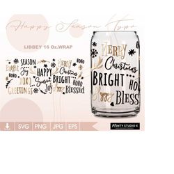 christmas typography , christmas wrap svg, for 16oz glass can,christmas glass can wrap, digital download, svg dxf png fi