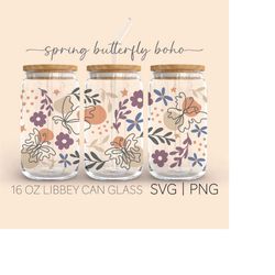 spring butterfly boho  16 oz glass can cut file, flower libbey svg, floral can glass svg, butterfly libbey wrap, flower