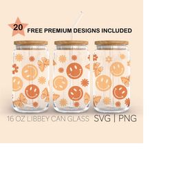 groovy smiles svg, 16 oz glass can cut file, groovy svg, daisies svg, smile, libbey glass svg, retro flowers, cup wrap s